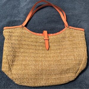 Stella & Dot Riviera Rattan Tote with Coral handles